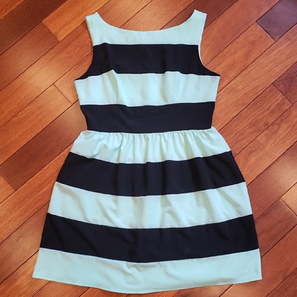 Black and Mint Green Casual Dress with Stripes. - Picture 1 of 8